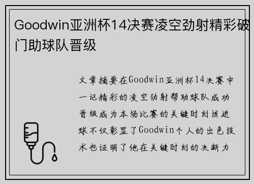Goodwin亚洲杯14决赛凌空劲射精彩破门助球队晋级