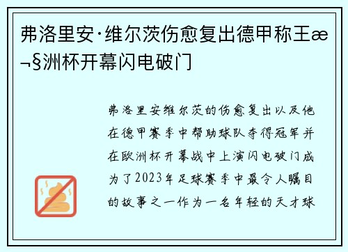 弗洛里安·维尔茨伤愈复出德甲称王欧洲杯开幕闪电破门