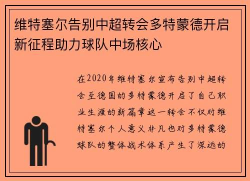 维特塞尔告别中超转会多特蒙德开启新征程助力球队中场核心
